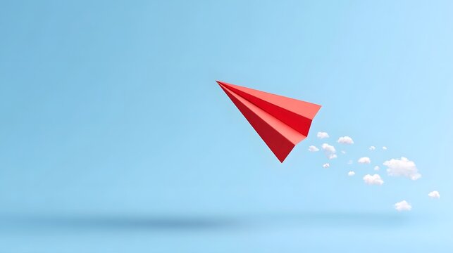 A single red paper airplane is depicted in mid flight against a bright blue sky with a delicate trail of white clouds symbolizing creativity aspi n and the pursuit of goals