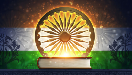 artistic tribute to Indian Constitution Day, Constitution book glowing with golden light