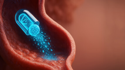 Futuristic blue capsule digital DNA strand biotechnology medicine innovation healthcare science genetic therapy medical technology hope