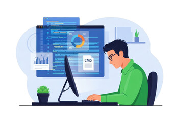 Fototapeta premium Man sitting at desk in front of computer monitor with graphs and charts on screen in office setting isolated on transparent background