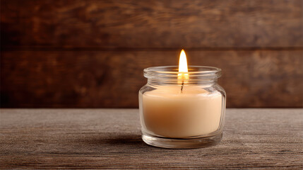 Single burning candle in small glass jar on rustic wooden table, its warm flame creating peaceful, tranquil, and serene atmosphere for meditation or relaxation