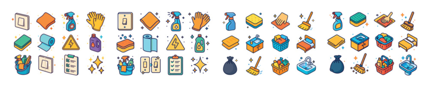 Colorful cleaning supplies and tools in cartoon style illustrati