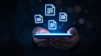 Hands holding a glowing smartphone displaying floating digital document icons representing cloud storage data transfer and mobile file management concepts in darkness