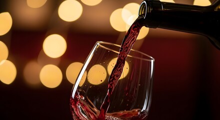 Red wine pouring into glass with bokeh lights background