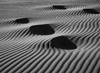 Abstract Desert Landscape with Rippled Sand Dunes and Dark Rock Formations Under Dramatic Lighting