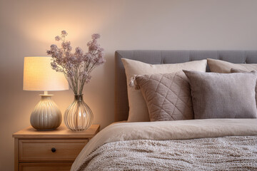 Cozy bedroom interior with warm table lamp illuminating comfortable bed with soft pillows. flower vase on wooden nightstand creates relaxing and serene home setting