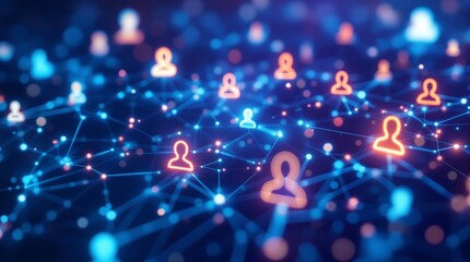 Abstract digital network connecting glowing user icons across a dark blue background symbolizing global communication and social media connectivity concepts