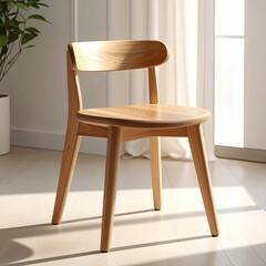 Simple wooden chair with curved back, light shining through window