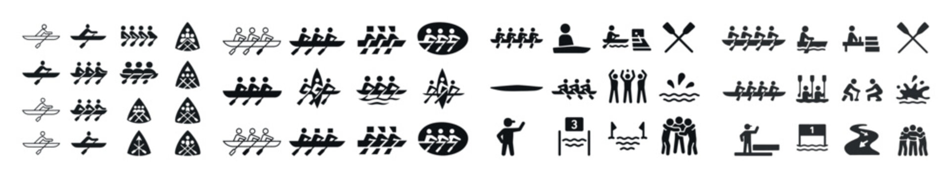 Set of rowing and kayaking icons: water sports illustrations in