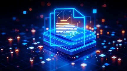 Digital data storage and file management concept with glowing blue icons on a dark abstract background