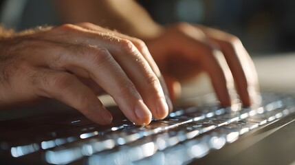 Human hands actively typing on a computer keyboard bathed in warm sunlight symbolizing digital connection and productivity