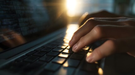 Human hands actively typing on a laptop keyboard bathed in warm sunlight and flare effects