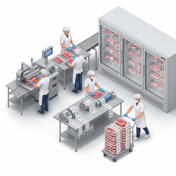 Meat processing plant with workers and equipment.
