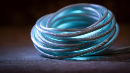 A coiled bundle of transparent cables glowing with vibrant blue light suggesting technology and energy