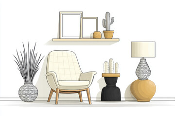 Cozy and comfortable armchair furniture sketch for modern living room interior. relaxing home decor design concept with plant, lamp, and shelf against white background