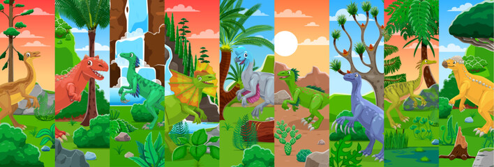 Fototapeta premium Collage of cartoon prehistoric dinosaurs characters. Extinct reptiles funny personages vector poster, cute dinosaurs collage with Dilophosaurus, Carnotaurus, Gallimimus and Roodon in swamp landscape