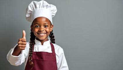 Young African American girl in chef uniform gives thumbs up. Wears hat, apron, smiles happily. Represents children cooking classes, culinary fun, kitchen education. Studio portrait, copy space