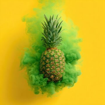 A pineapple sits amidst vibrant green smoke against a bright yellow backdrop, creating a surreal contrast
