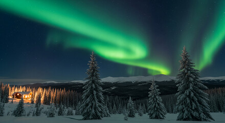 Scenic view of a winter landscape with snow-covered trees and a lit cabin under bright green aurora borealis, representing nature and remote travel