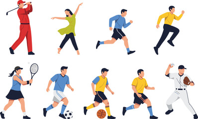 People playing sports illustration set, athletes running dancing football tennis baseball actions, active lifestyle fitness concept, colorful flat vector design