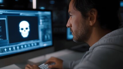 Man intently observing a digital skull icon on a computer screen in a dark environment