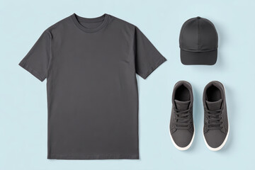 Casual grey t shirt, cap, and sneaker outfit. This modern fashion flat lay mockup shows basic apparel and clothing essentials on simple, cool blue background