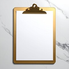 Golden clipboard holds a blank white sheet atop a marble background