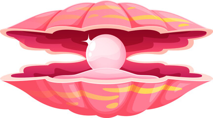 Cartoon marine shiny pink pearl mollusc shell. Underwater life valuable scallop isolated vector mollusk, marine precious pearl shell. Sea bottom rare seashell or ocean nature jewelry oyster clam