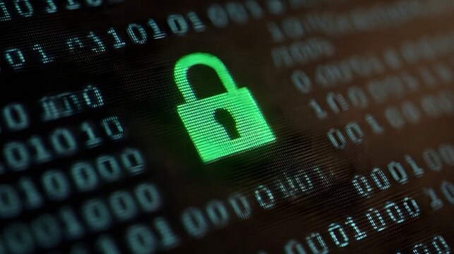 Green digital padlock icon glows on a screen displaying binary code representing cybersecurity and data protection - Powered by Adobe