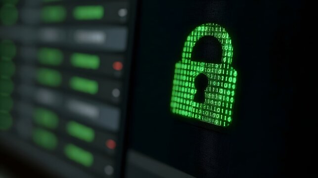 A glowing green digital padlock icon formed from binary code symbolizes data security and protection on a computer screen - Powered by Adobe
