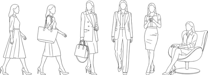 Business women line illustration set, professional female office poses walking sitting, elegant corporate fashion characters, minimal outline vector design artwork