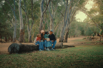 A family enjoys meaningful quality time together in a tranquil natural setting, surrounded by beautiful trees