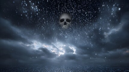 A ghostly skull emerges from a dark stormy sky filled with falling binary code representing digital danger and cyber threats