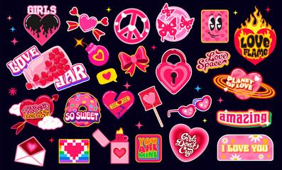 Obraz premium I love you y2k retro groovy stickers, Valentines heart funky patch labels with vector Valentines Day holiday gifts. Retro y2k pink heart candy and sunglasses stickers. Hippie love and peace symbols