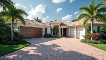 Naklejka premium Luxurious house exterior with palm trees and brick driveway. Single family residence features a tiled roof and manicured garden. Sunny day in a tropical climate.