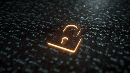 An illuminated open padlock icon glows against a dark digital background filled with binary code