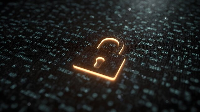 An illuminated open padlock icon glows against a dark digital background filled with binary code - Powered by Adobe