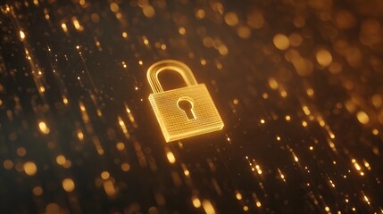 Golden digital padlock icon glowing against a dark background with abstract golden particles