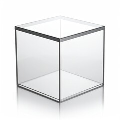 Transparent glass cube with dark trim sits on a reflective surface