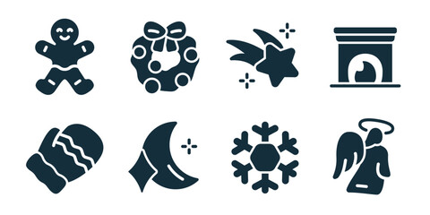 Christmas excellent icon collection. Set of gingerbread man, wreath with bow, shooting star, fireplace, winter hat, crescent moon, snowflake, angel icons © stas111