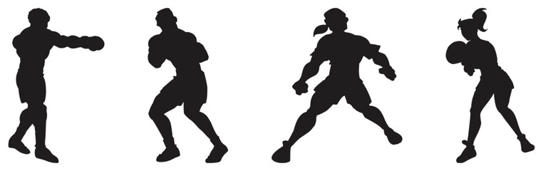 Boxing Fighters Silhouette Action Poses Set.