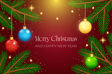 Christmas background with Christmas tree branches and ornaments on a red background -Happy Holidays