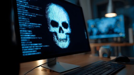 A computer screen displays a glowing skull icon formed from binary code in a dark high tech environment