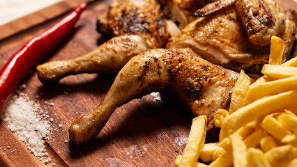 Macro close-up of a juicy grilled chicken leg with crispy French fries, ready to eat.
