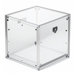 Clear cube-shaped container with metal trim and latch, isolated