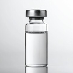 A glass vial with a metallic cap filled with a clear liquid