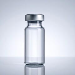 A transparent glass vial with a metal cap, reflecting on a white surface
