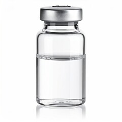 Clear glass vial with liquid, silver top, isolated on white