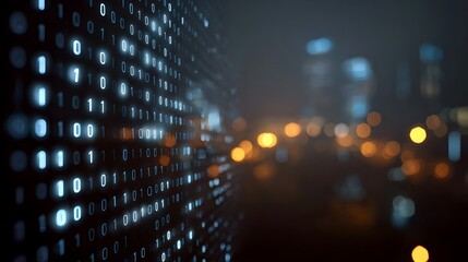 Abstract stream of glowing blue binary code dissolves into a blurred bokeh lit urban cityscape at night