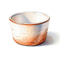 Watercolor illustration depicts a small, rustic ceramic vessel with warm earthy tones.